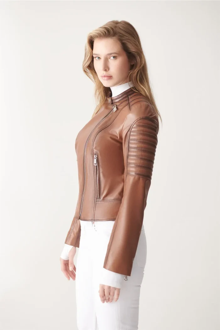 Biker Leather Jacket Renata Women Jacket - Brown