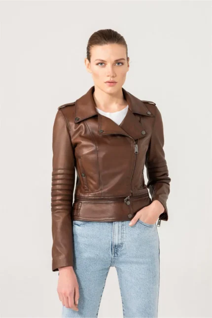 Biker Leather Jacket Sandra Women Leather Jacket - Brown