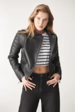 Women Leather Jacket STELLA Biker Jacket - Black