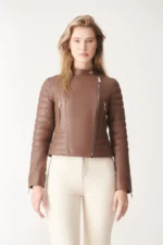 Women Leather Jacket STELLA Biker Jacket - Brown