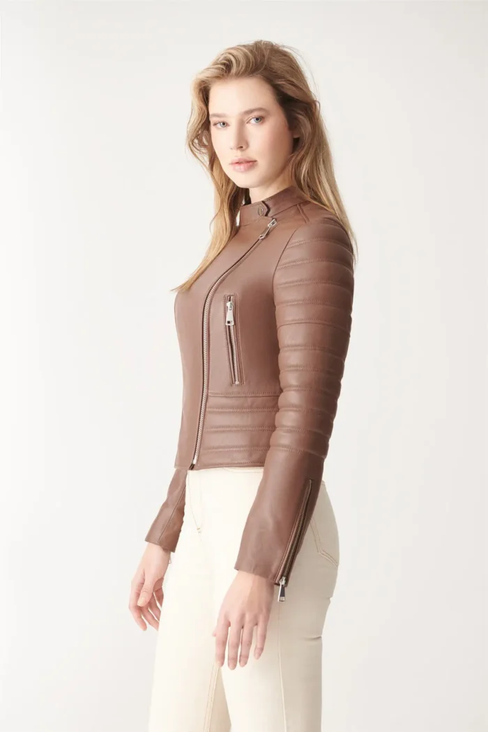 Women Leather Jacket STELLA Biker Jacket - Brown