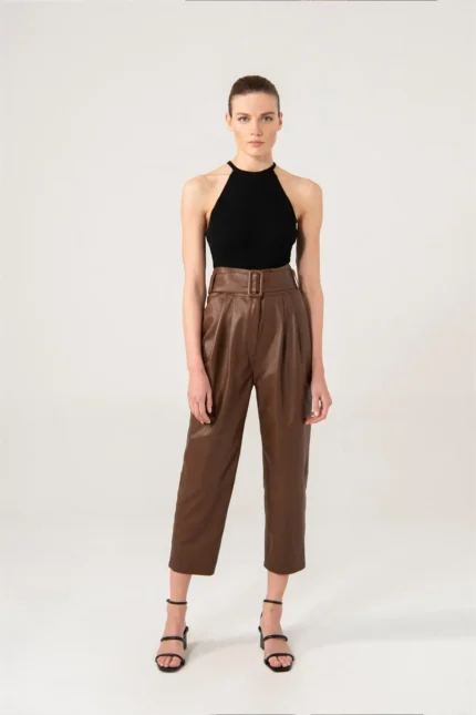 Women Leather Pants Hazel Leather Trouser - BROWN