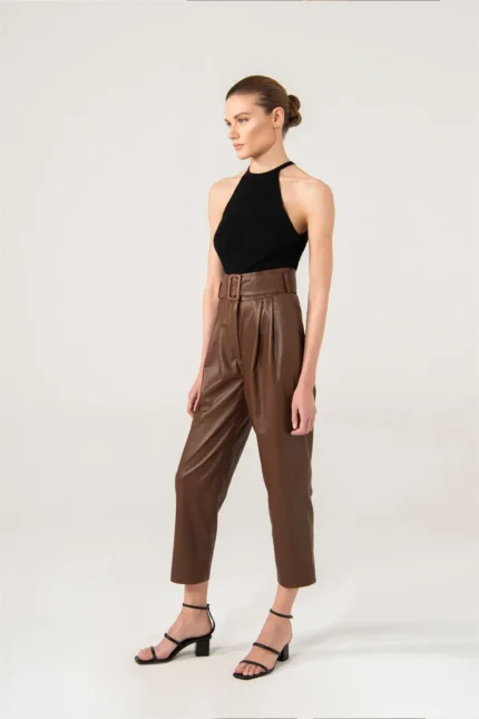 Women Leather Pants Hazel Leather Trouser - BROWN