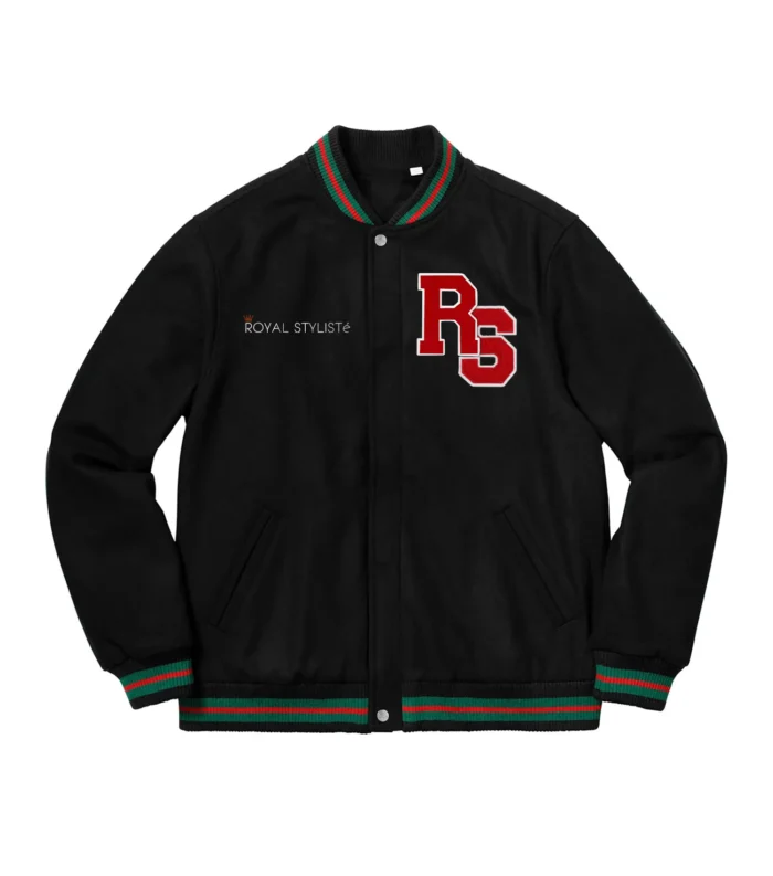 Varsity Jacket Wool Blend Leather Jacket - Black