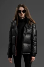 Leather Puffer Jacket with Detachable Hood - Black