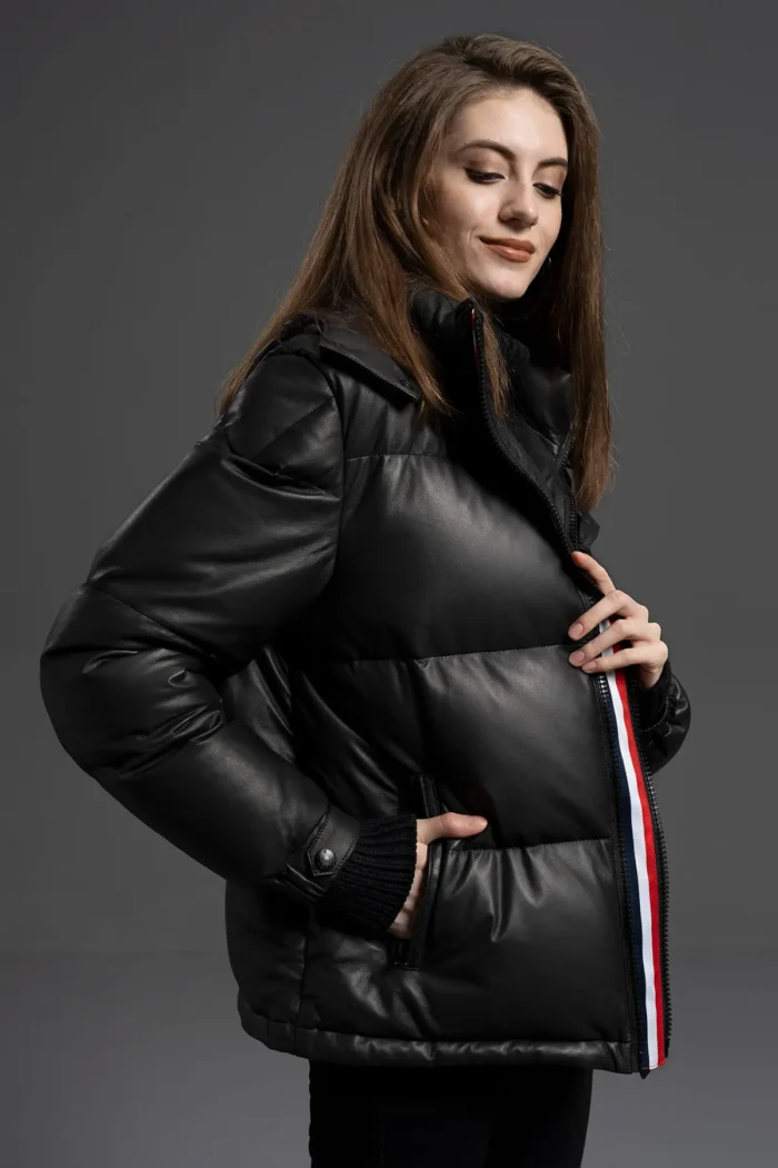 Leather Puffer Jacket with Detachable Hood - Black