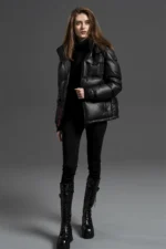 Leather Puffer Jacket with Detachable Hood - Black