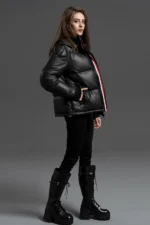 Leather Puffer Jacket with Detachable Hood - Black