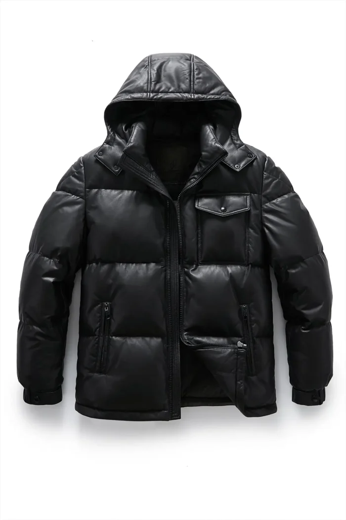 Leather Puffer Jacket with Detachable Hood - Black