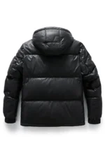 Leather Puffer Jacket with Detachable Hood - Black