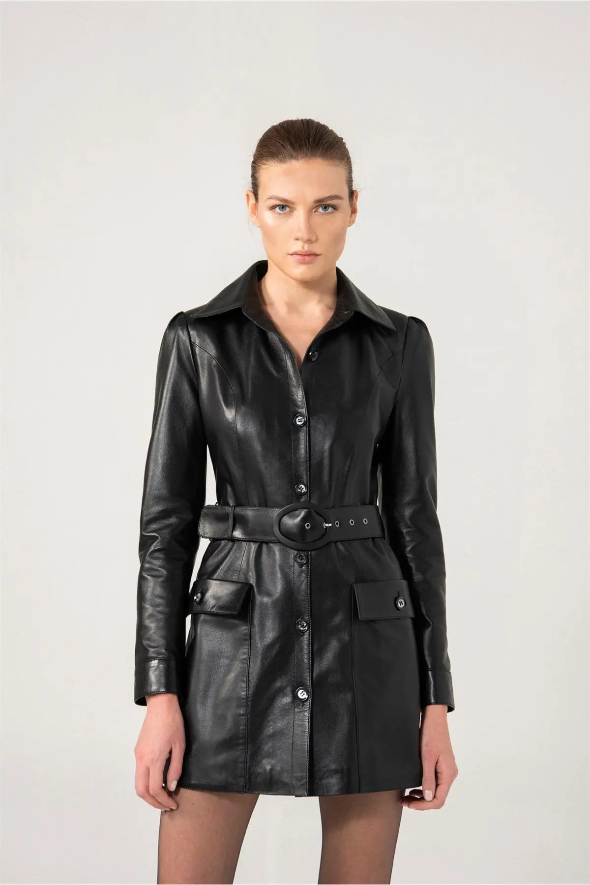 Women Leather Blazer Bianca Leather Long Coat - Black