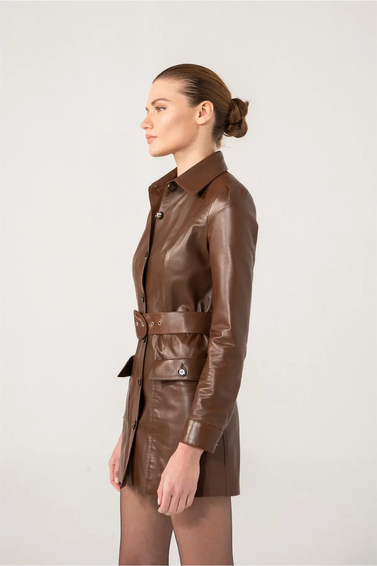 Women Leather Blazer Bianca Leather Long Coat - Brown