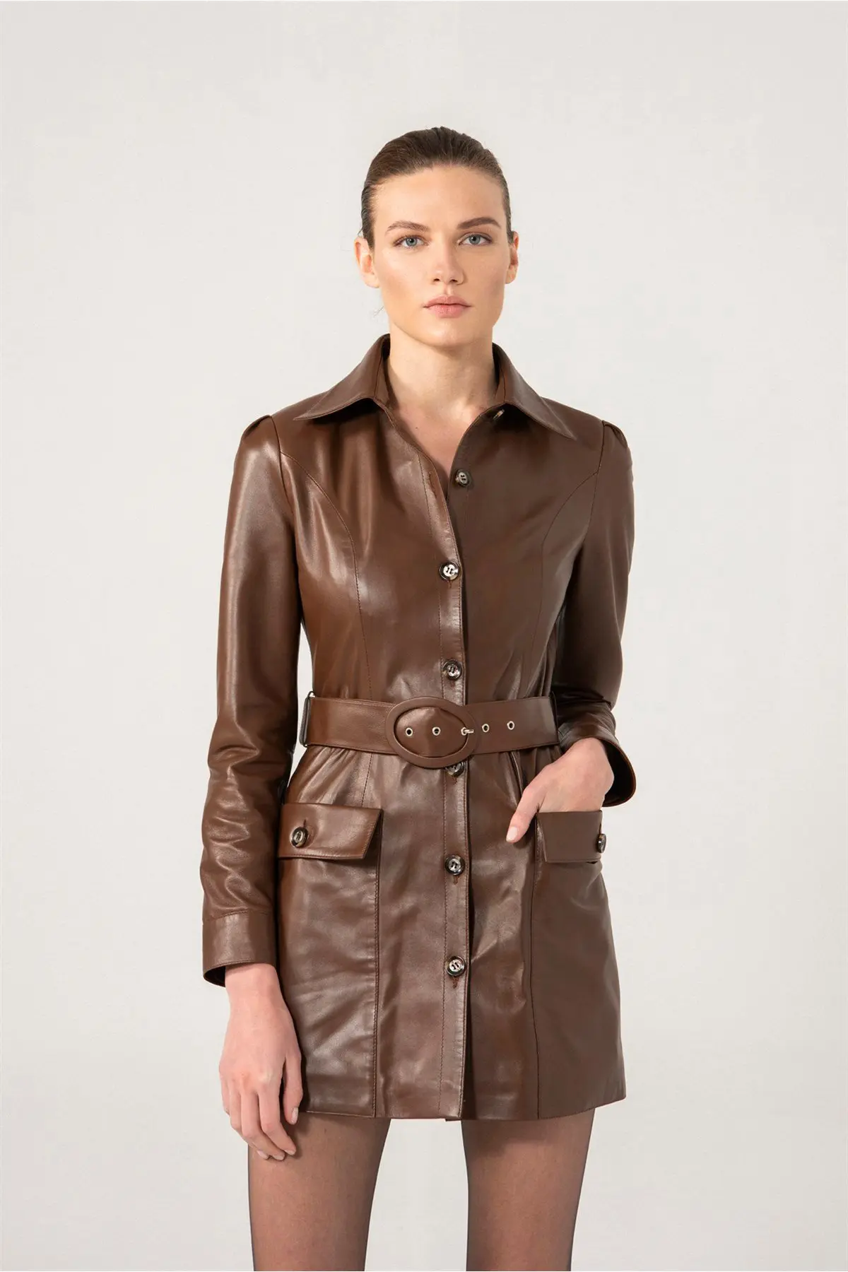 Women Leather Blazer Bianca Leather Long Coat - Brown