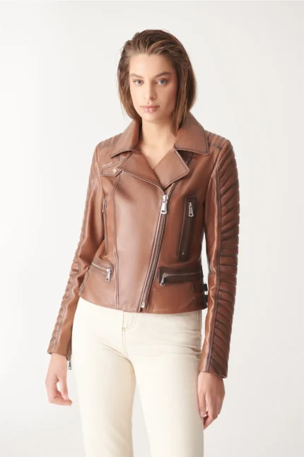 Biker Leather Jacket EVA For Women - Brown