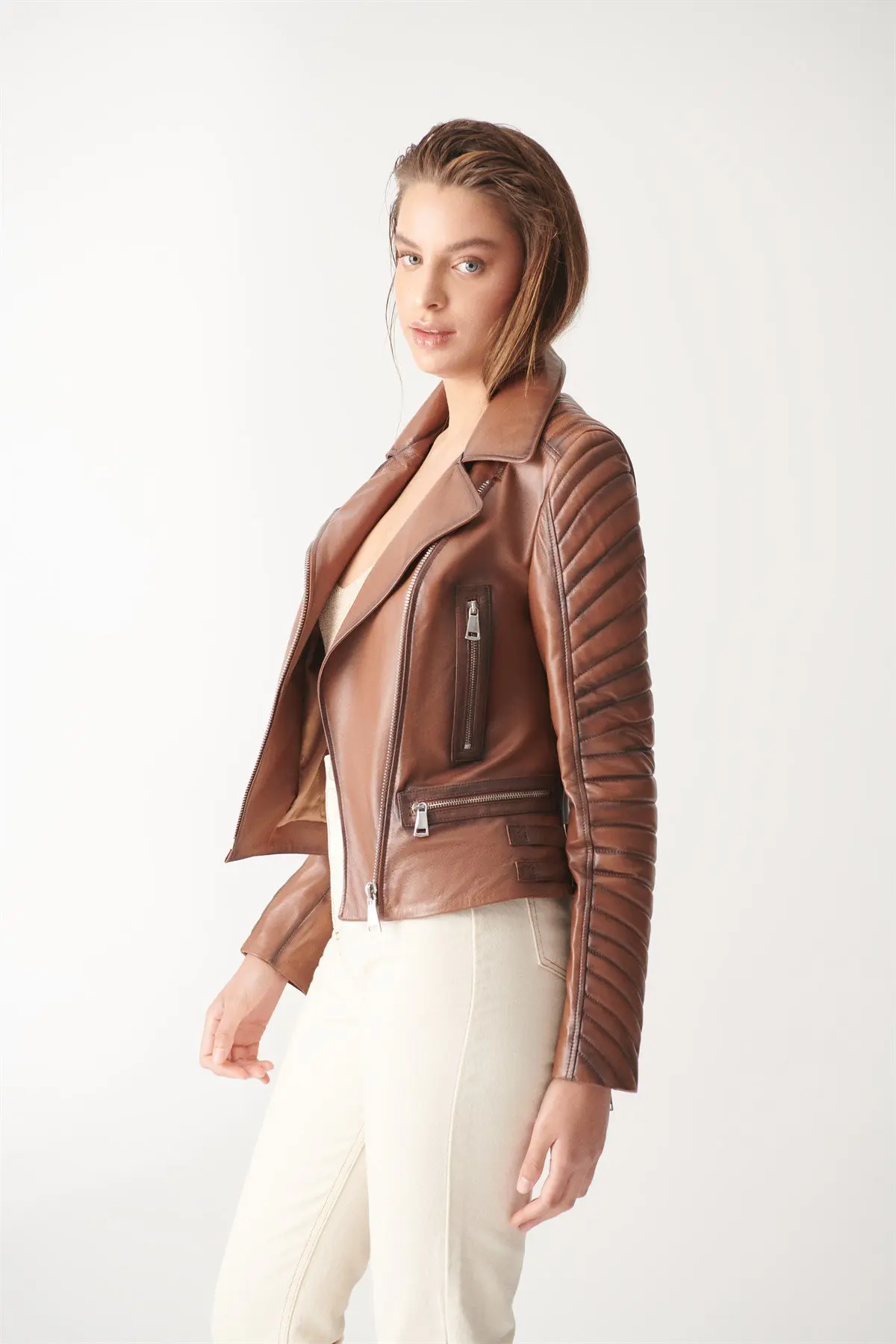 Biker Leather Jacket EVA For Women - Brown