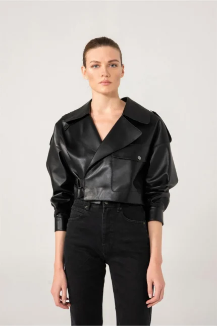 Cropped Oversized Leather Jacket For Women - Black