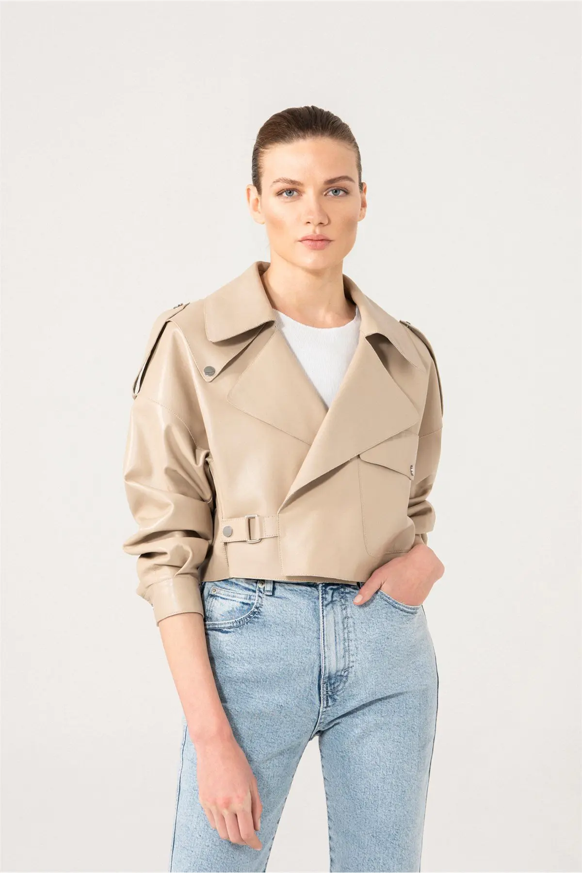 Cropped Oversized Leather Jacket For Women - BEIGE
