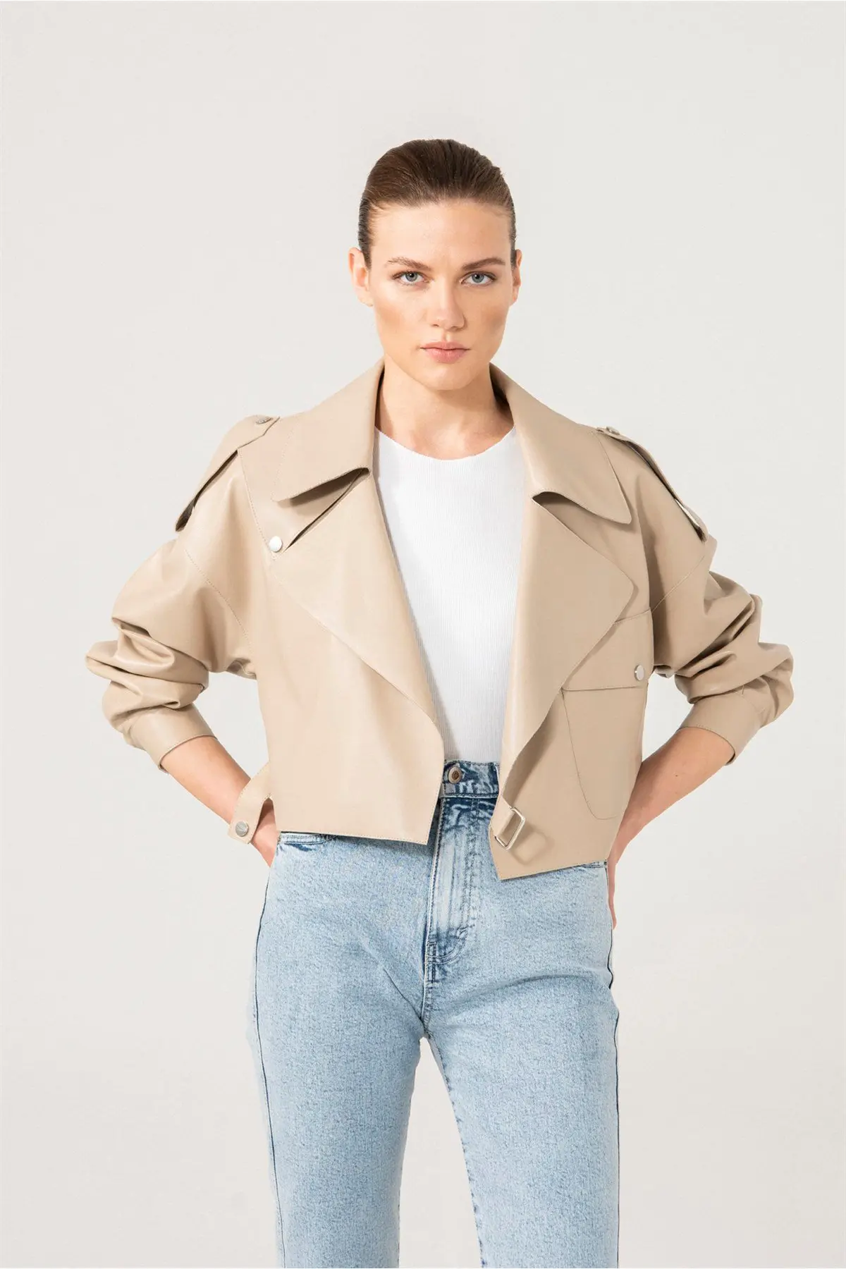 Cropped Oversized Leather Jacket For Women - BEIGE
