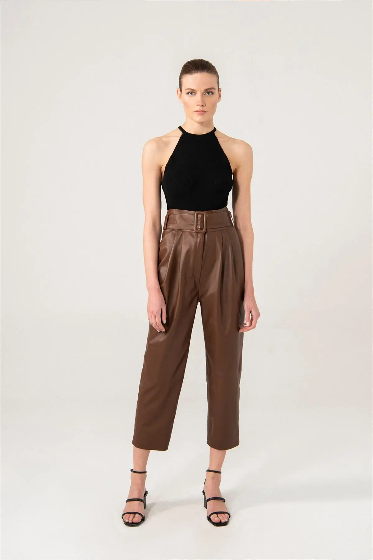Women Leather Pants Hazel Leather Trouser - BROWN