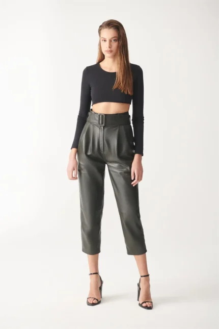 Women Leather Pants Hazel Leather Trouser - Black