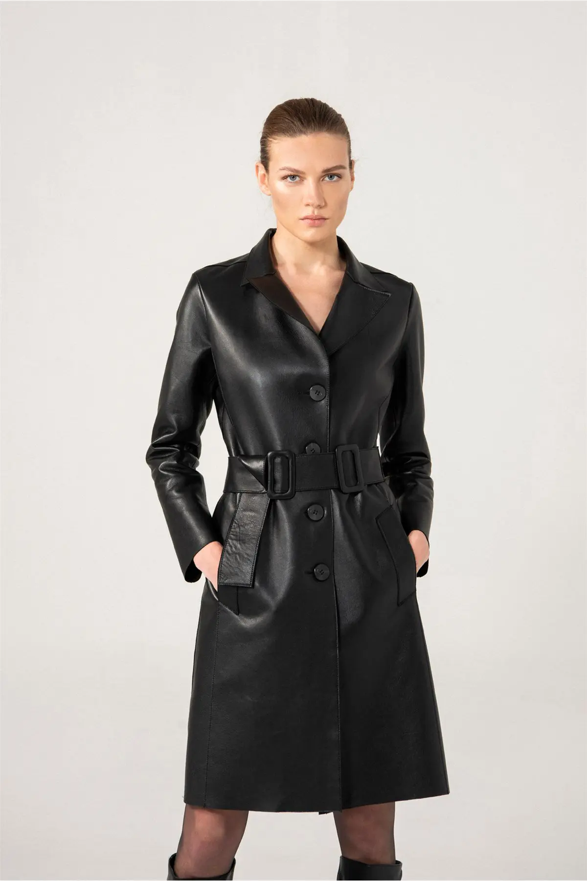 Leather Trench Coat HILARY Women Long Coat - Black