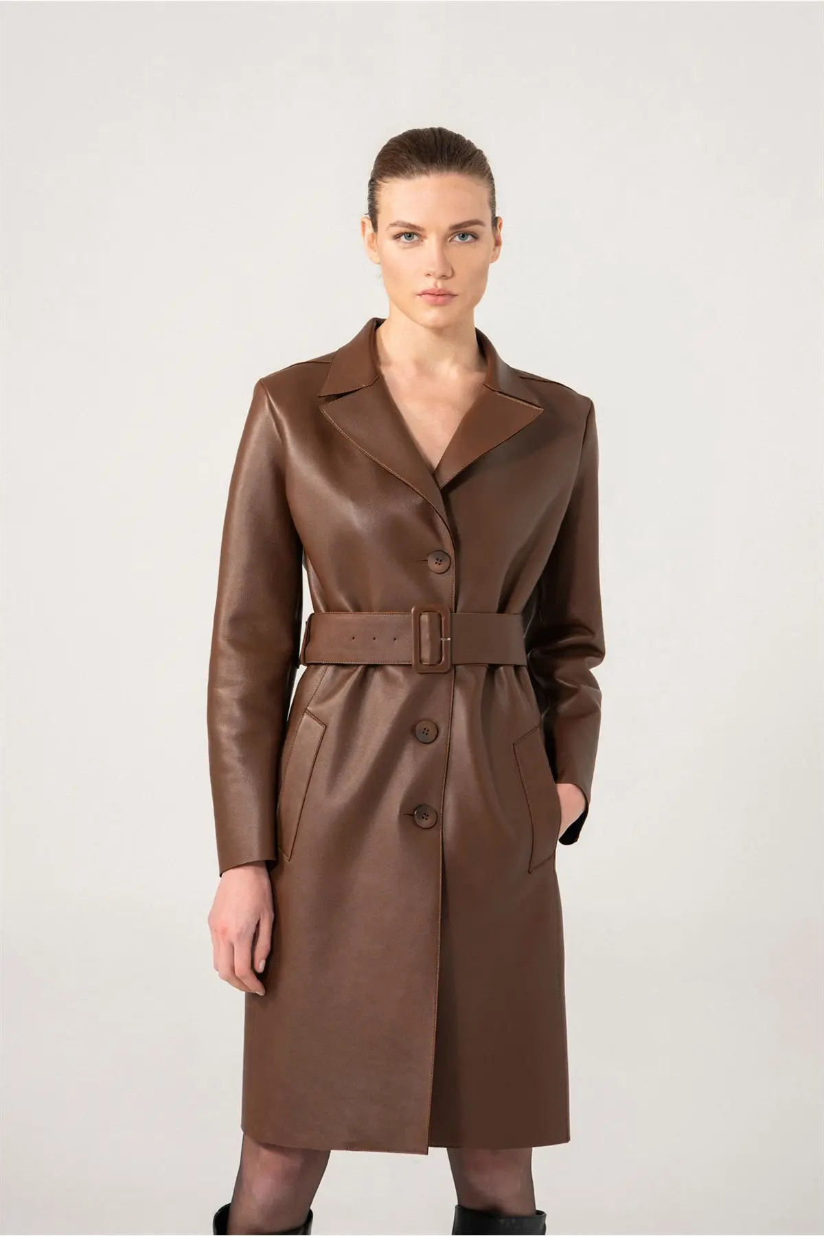 Leather Trench Coat HILARY Women Long Coat - Brown