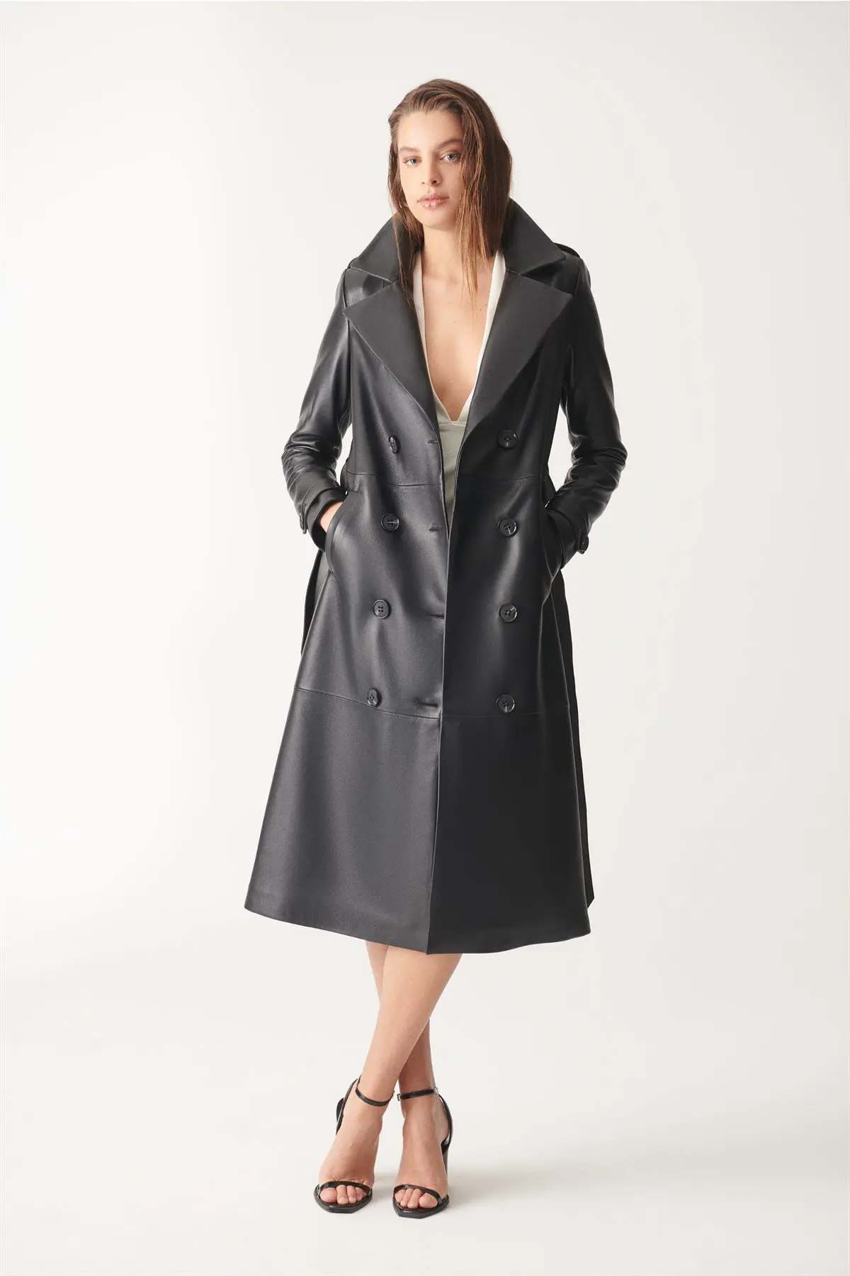 Women Leather Coat JESICA Trench Coat - BLACK