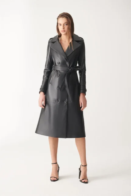 Women Leather Coat JESICA Trench Coat - BLACK