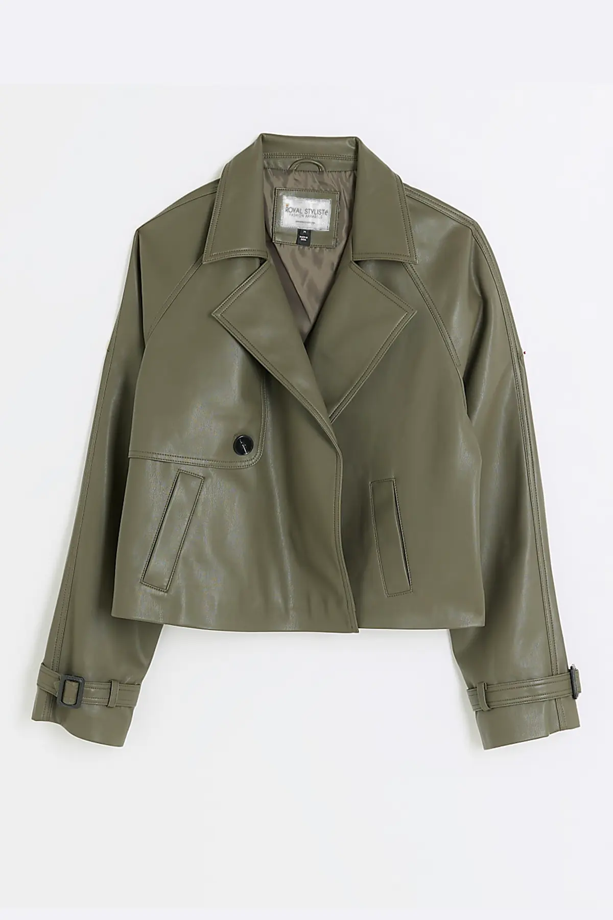 Cropped Blouse Leather Jacket for Women - Olive