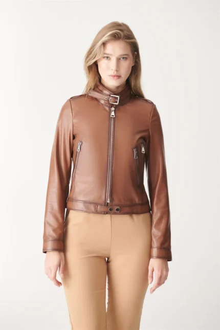 Biker Leather Jacket KAYLA Sport Jacket - BROWN