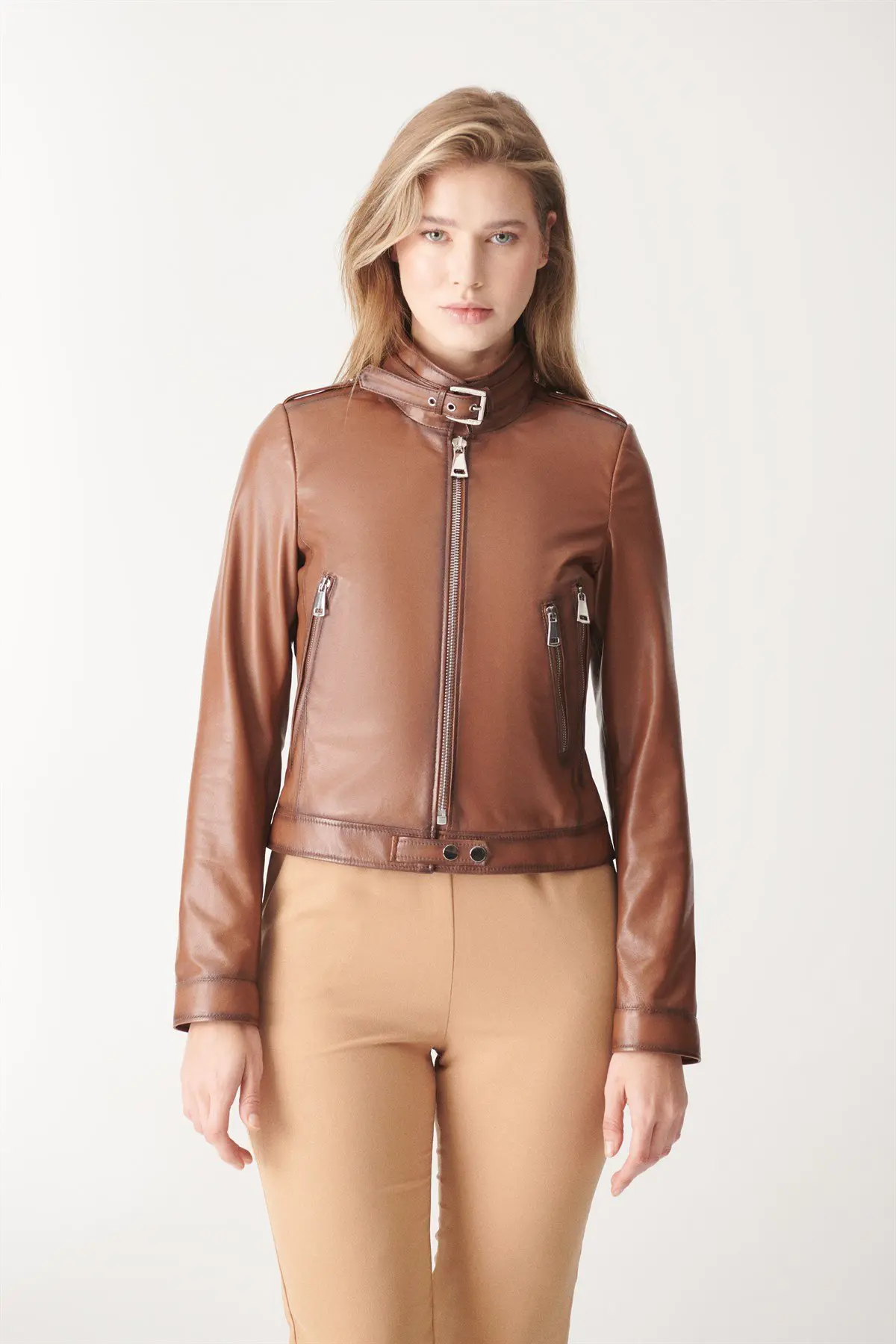 Biker Leather Jacket KAYLA Sport Jacket - BROWN
