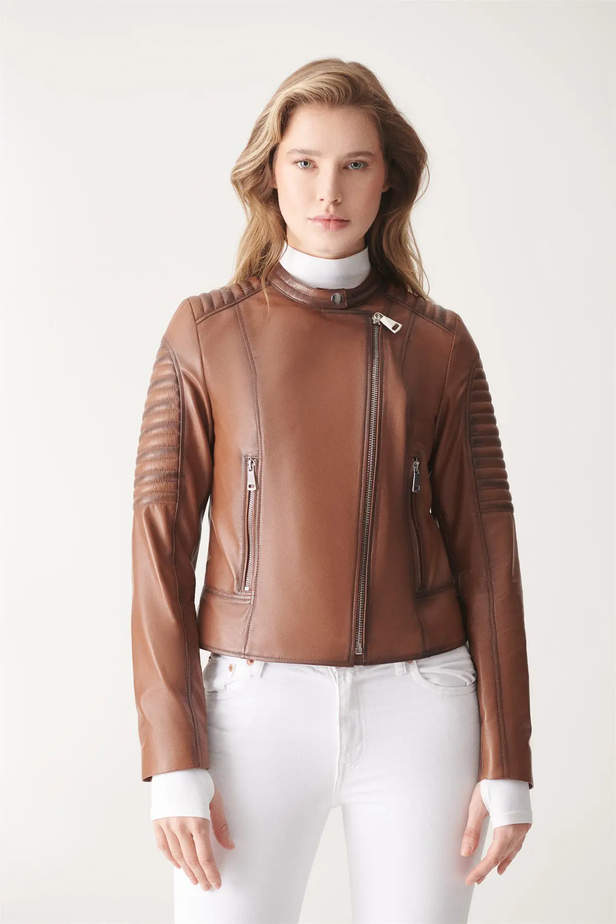 Biker Leather Jacket Renata Women Jacket - Brown