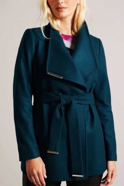 Women Wool Blazer Belted Wrap Coat - Teal