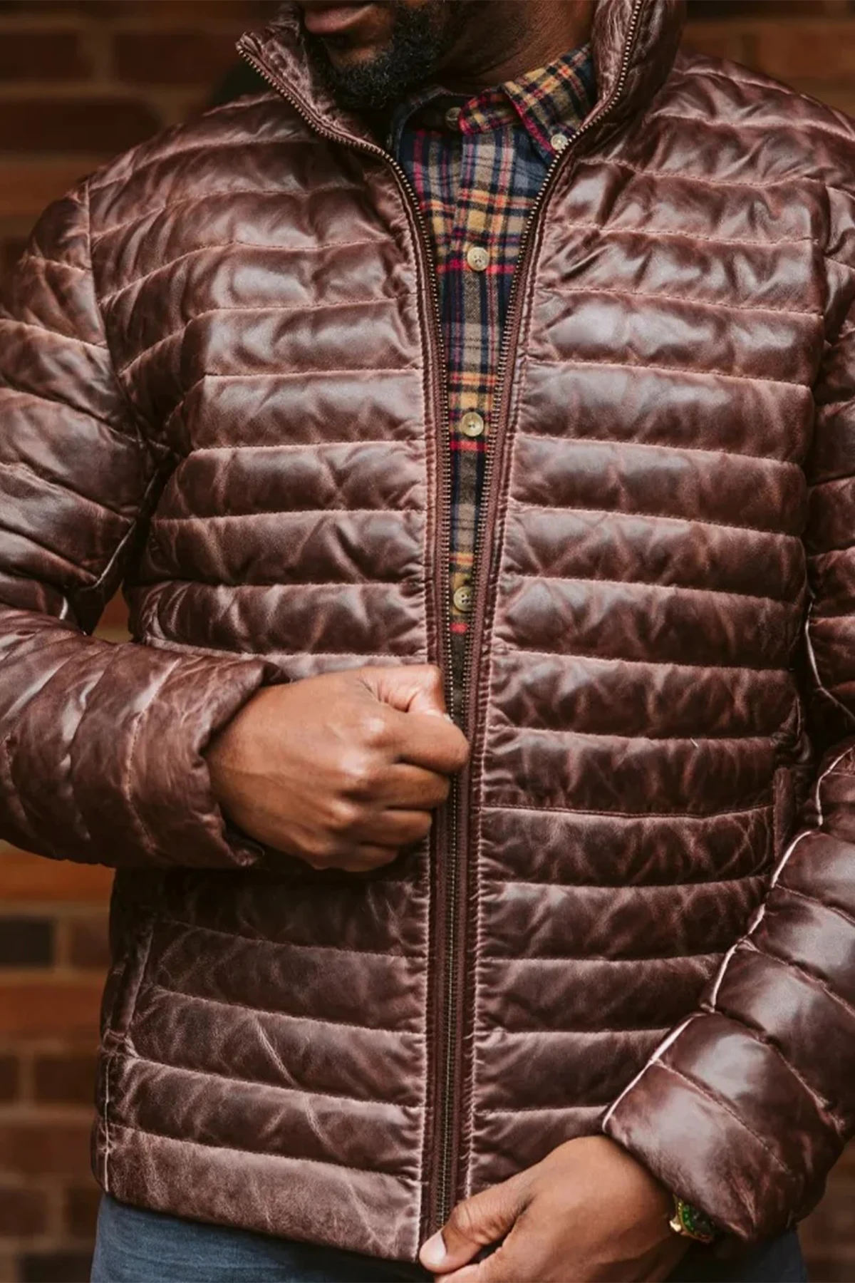 Leather Puffer Jacket Men Leather Down Jacket - Brown