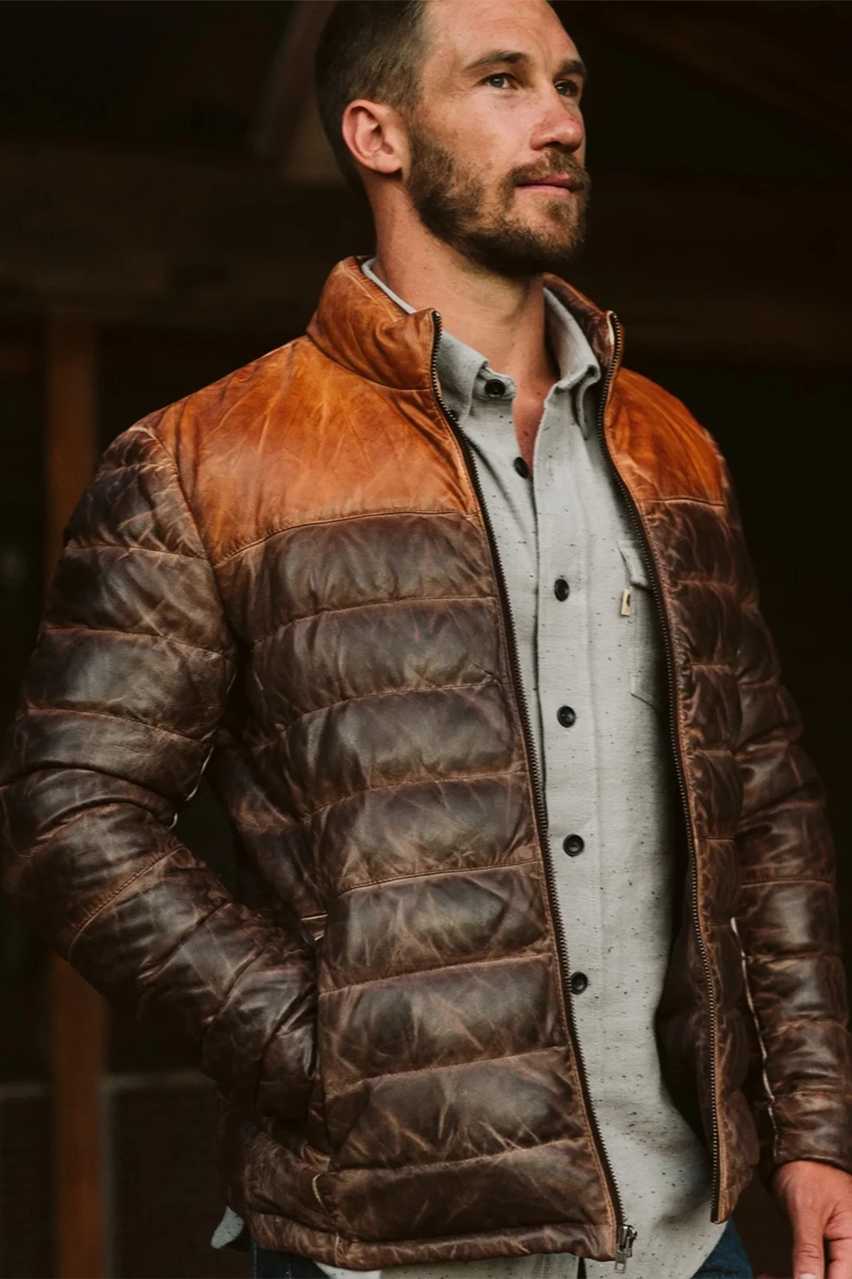 Leather Puffer Jacket Men Leather Down Jacket - Tan & Brown