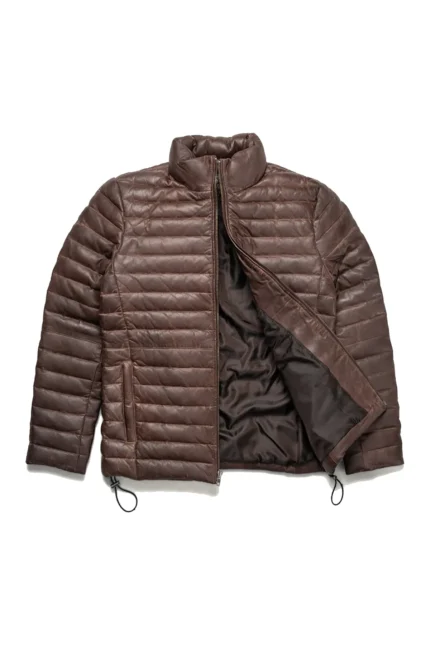 Leather Puffer Jacket Men Leather Down Jacket - Brown