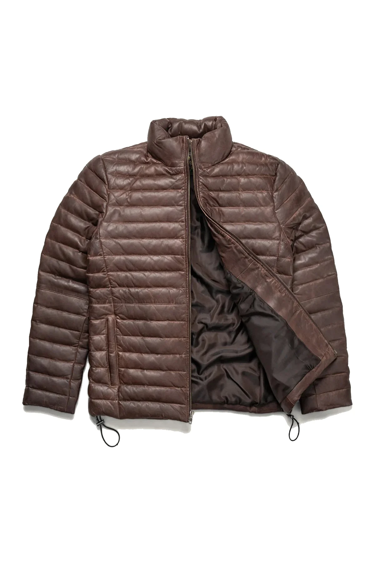 Leather Puffer Jacket Men Leather Down Jacket - Brown