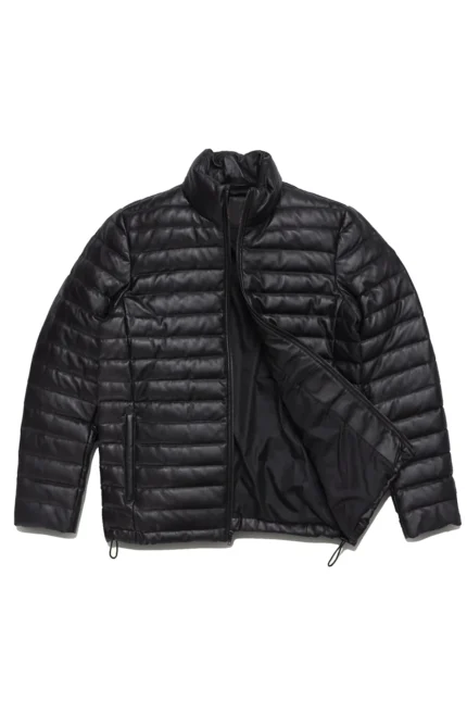Leather Puffer Jacket Men Leather Down Jacket - Black