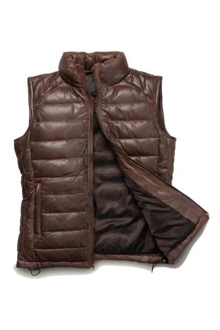 Leather Puffer Vest Vintage Down Vest - Brown