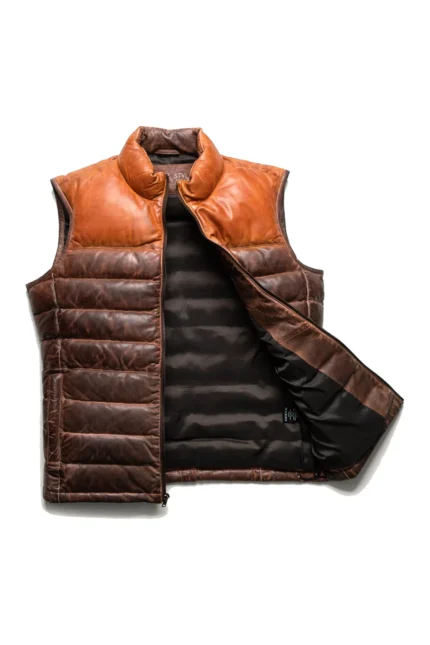 Leather Puffer Vest Vintage Down Vest - Tan Brown