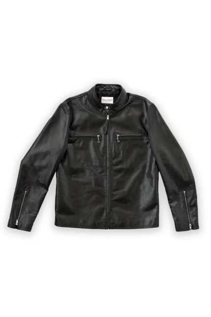 Leather Biker Jacket Classic Cafe Racer Jacket - Black