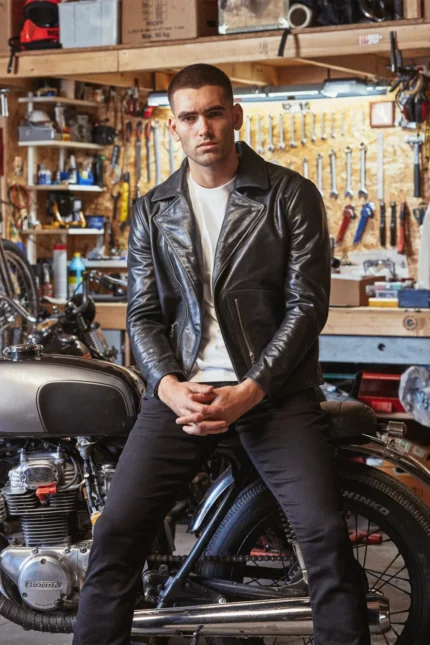 Cafe Racer Jacket Leather Biker Jacket D-Pocket - Black