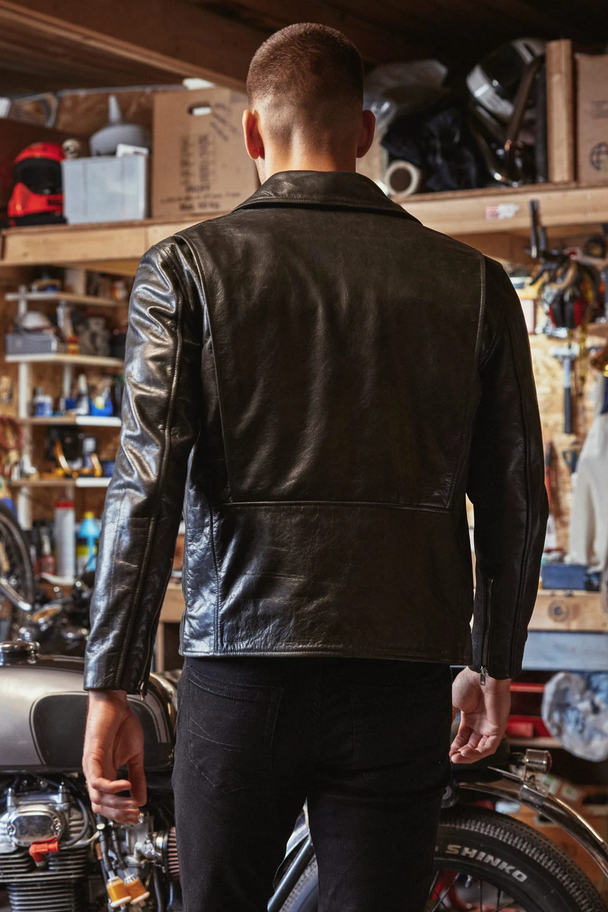 Cafe Racer Jacket Leather Biker Jacket D-Pocket - Black